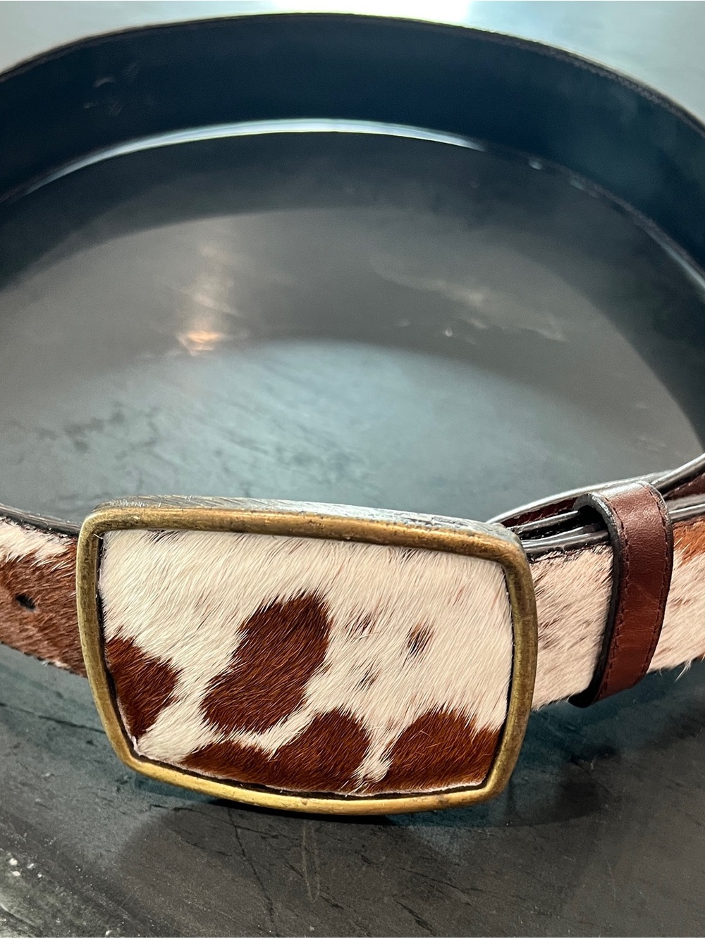 Cowhide Leather Belt with Brass Buckle - Brown & White